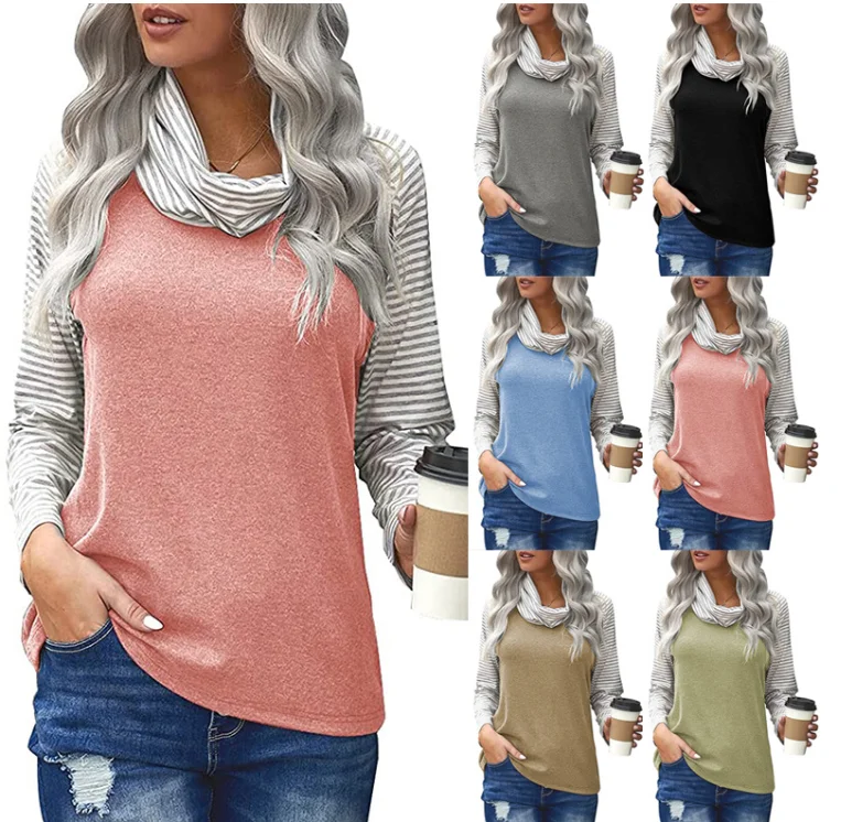 2022 Autumn Winter Women's Tops Fashion Striped Turtleneck Color Matching Long-Sleeved T-Shirt Ladies Casual Loose Splicing Tees