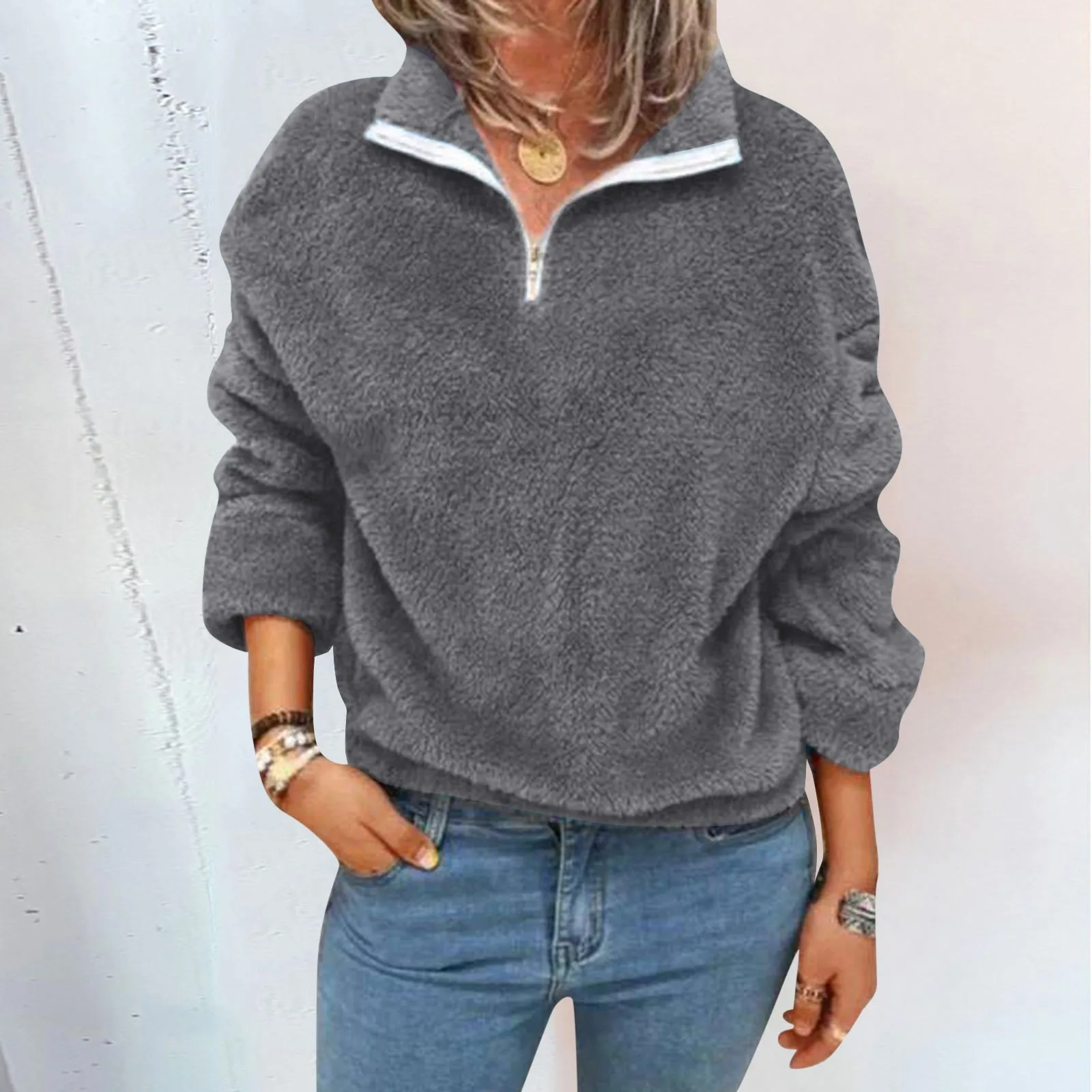 

Fluffy Hoodies Women Fashion Half Zip Up Hoodie Womens Sweatshirts Autumn Winter Long Sleeve Zipper Hoodie Turn Down Collar Coat