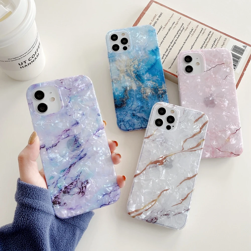 

Glossy Marble Case For iPhone 14 13 12 Pro Max Xs 11 Glitter Patterned Conch Silicone Cover 7 8 Plus XR X SE 2022 Phone Fundas
