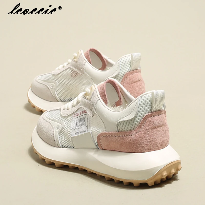 

New Brand Fashion Casual Sneakers Women Genuine Leather Lace-Up Thick Sole Breathable Ladies Trainers Vulcanized Shoes