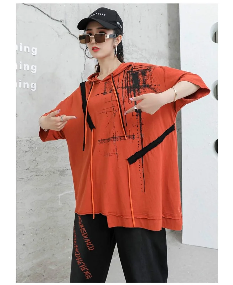 

Women Loose Hooded Summer T-shirts Female Printed Patchwork Tees Tshirts Girls Casual Personnality Pattern Streetwears Lady Tops