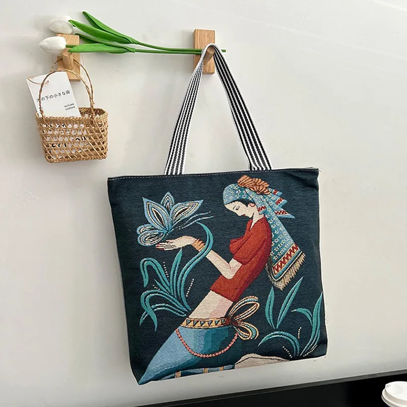 

Женская Холщовая Сумка для покупок, вместительный саквояж на плечо для продуктов, Экологически чистая многоразовая сумочка-тоут в стиле ретро с художественным рисунком