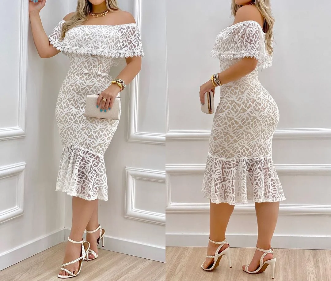 

2022 Summer New Women's Fashion Sexy Straight Shoulder Collar Lace Slim Fit Fishtail Dress