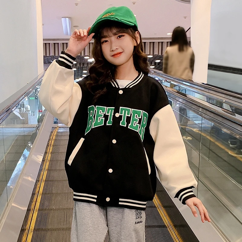 

Teen Girls Spring Autumn Fashion Bomber Jackets Kids Baseball Uniform Children Sport Coat Loose Students Outerwear 6 8 10 11 12Y