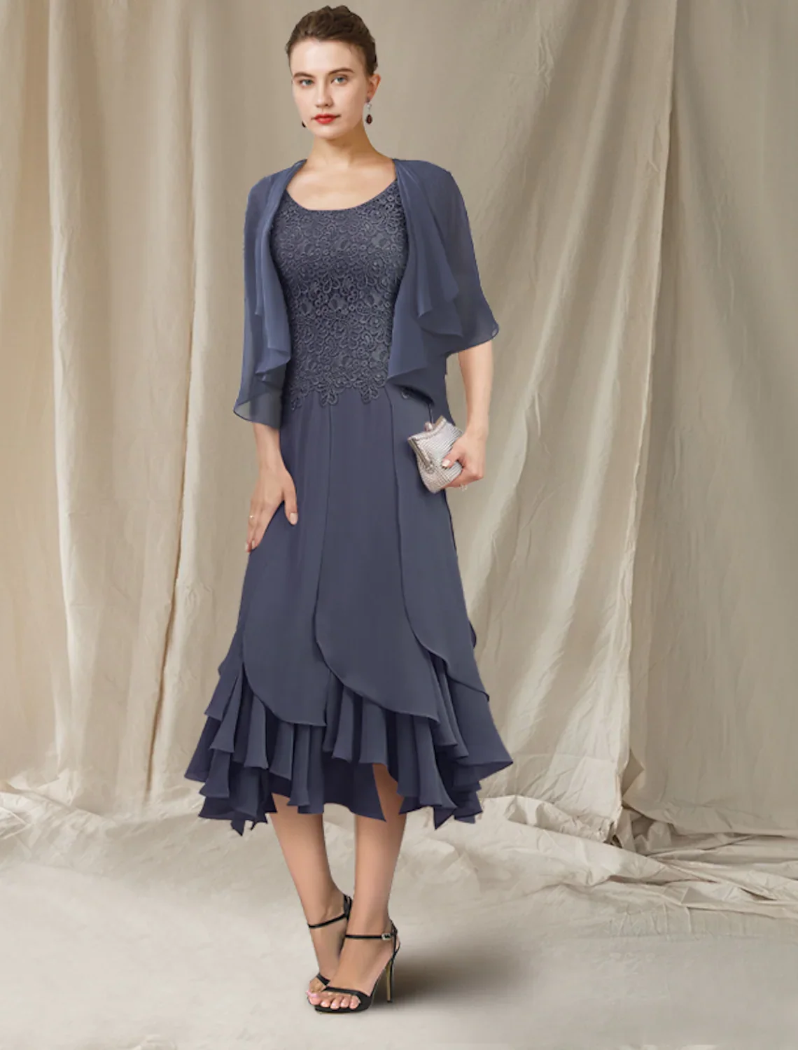 

Mermaid Mother of the Bride Dress Elegant Wrap Included Jewel Neck Asymmetrical Tea Length Chiffon Lace Short Sleeve with
