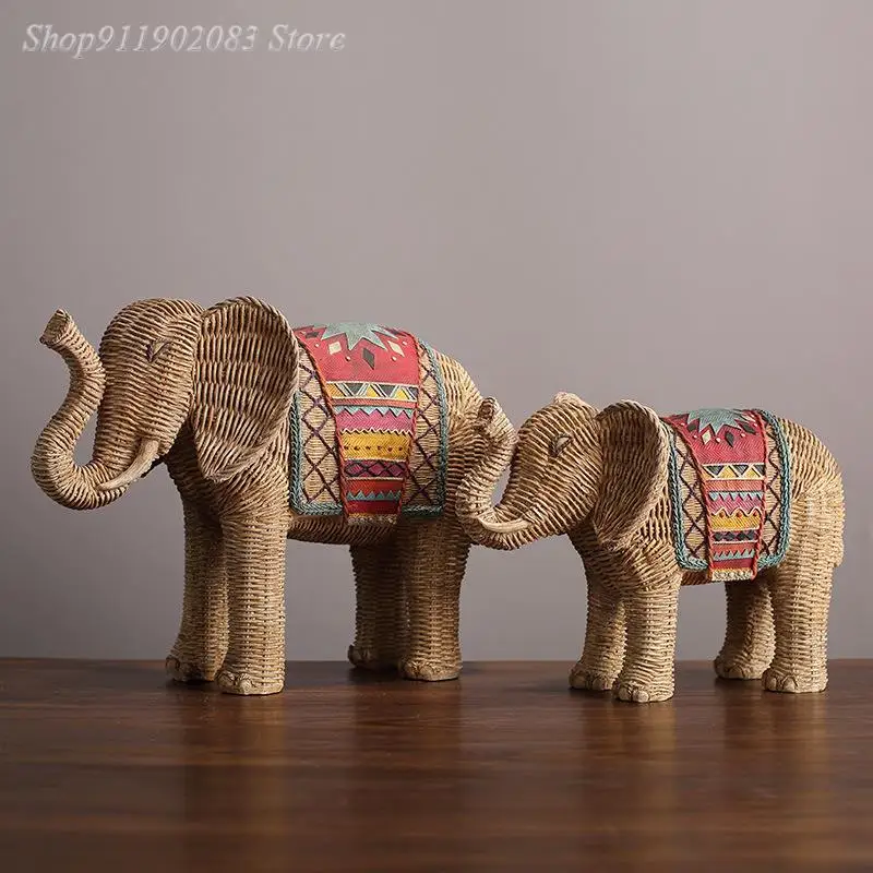 

Resin Handicraft Ornaments Braided Hand-painted Elephant Ornament Simulation Animal Statue Handmade Elephant Decoration