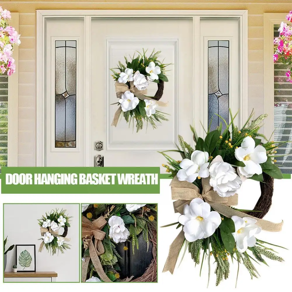 

Весенний висячий венок для входной двери, магнолия, зеленые листья, летняя Свадебная Цветочная домашняя гирлянда, украшение, цветочный венок искусственный D2M5