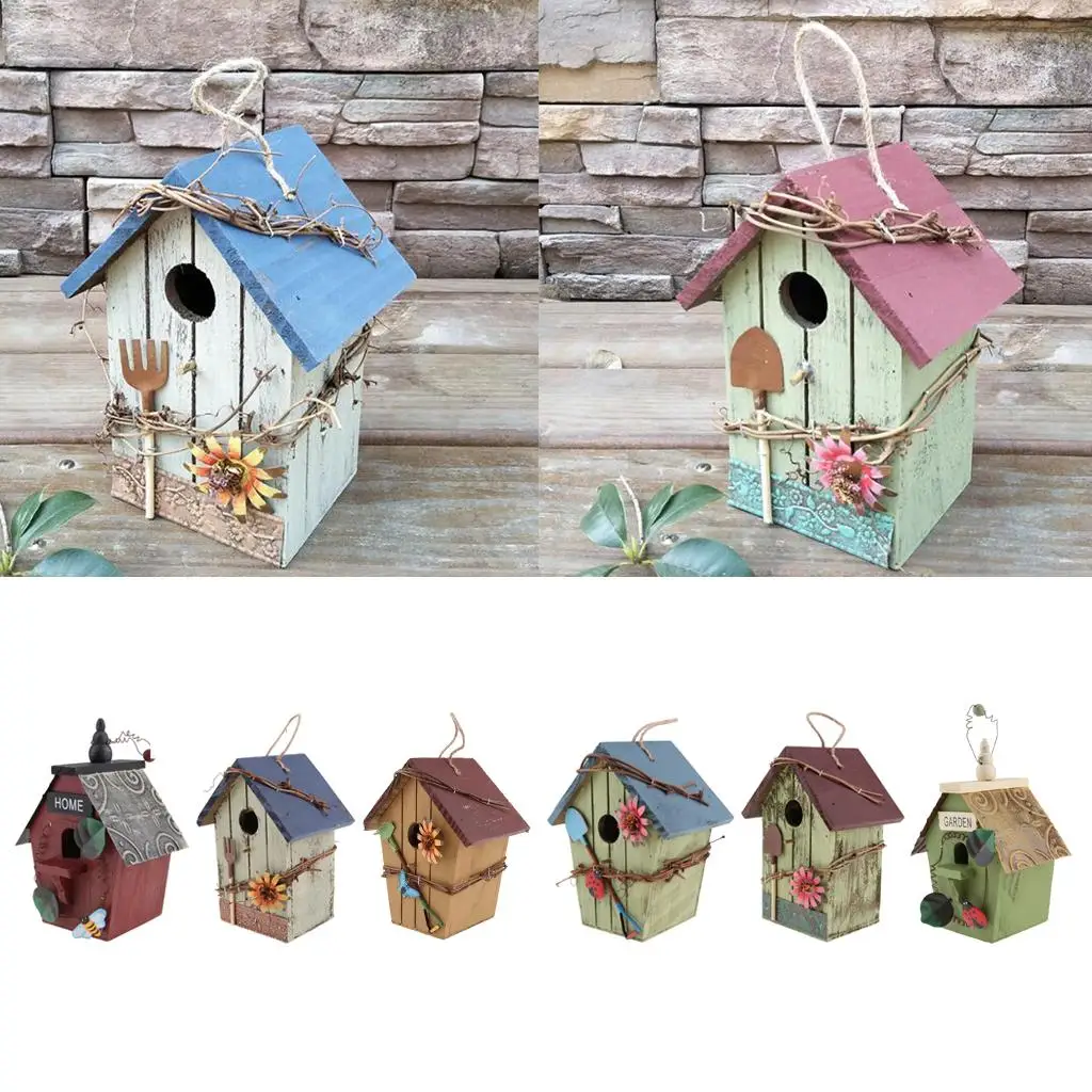 Decorative Bird House with Flower, Jute Cord, Ladybug, Hanging Garden Decoration Hanging Nest Hanging Bird House Bird Feeder