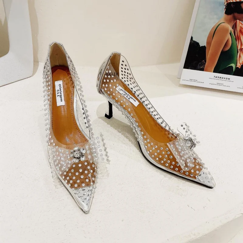 

Design Silver Butterfly-knot Crystal Women Pumps Wedding Stripper Low Heels PVC Transparent Sexy Night Club Femme Shoes