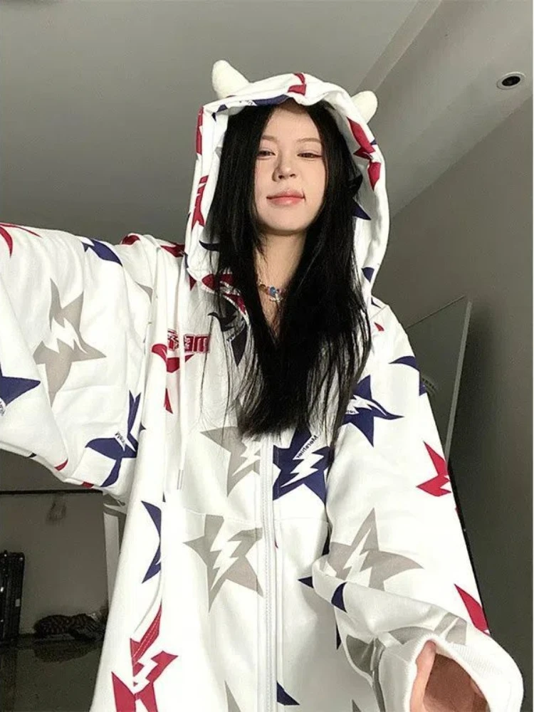 

HOUZHOU Y2k Kpop Star Print Zipper Hoodie Women American Retro Fashion Streetwear Hip Hop Oversize Hooded Sweatshirt Autumn 2023