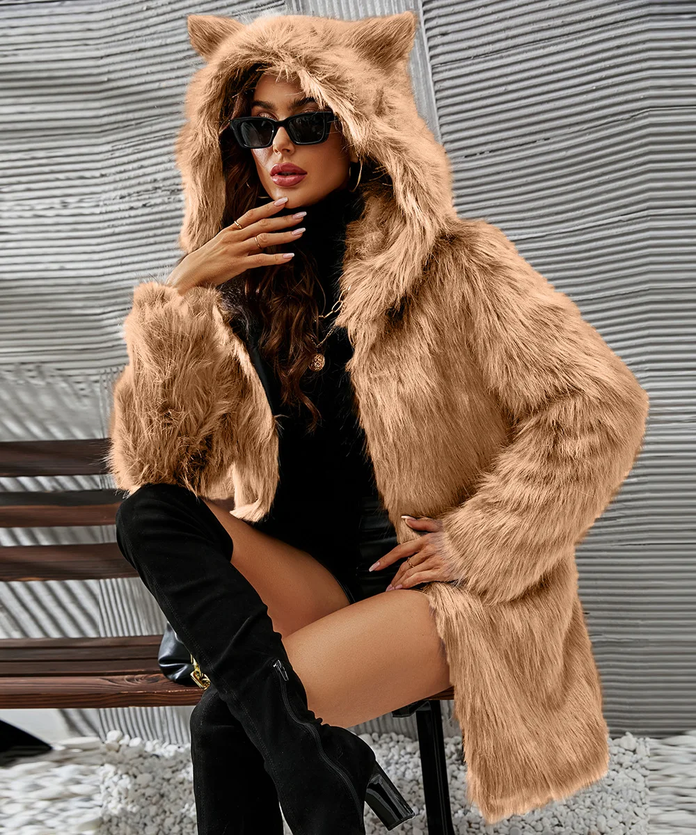 Fashion New Product in Autumn and Winter 2022 Hooded Ears Medium Long Faux Fur Coat Top Women