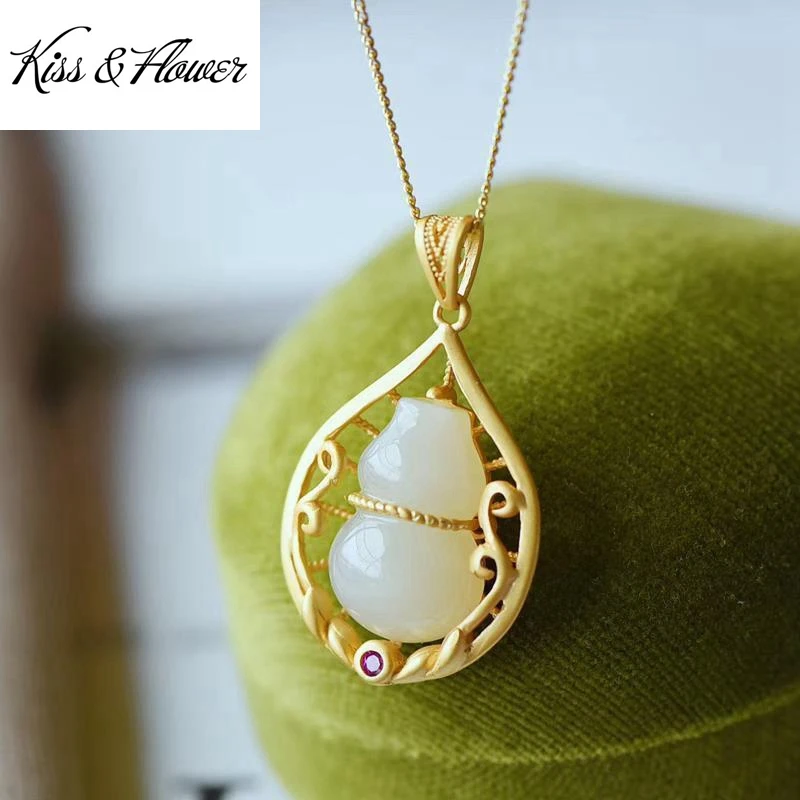 

KISS&FLOWER NK276 Fine Jewelry Wholesale Fashion Woman Girl Bride Mother Birthday Wedding Gift Calabash Jade 24KT Gold Necklace
