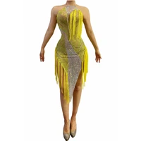 women mesh see through rhinestones yellow fringes dress backless leotard birthday celebrate stretch party dress latin dance
