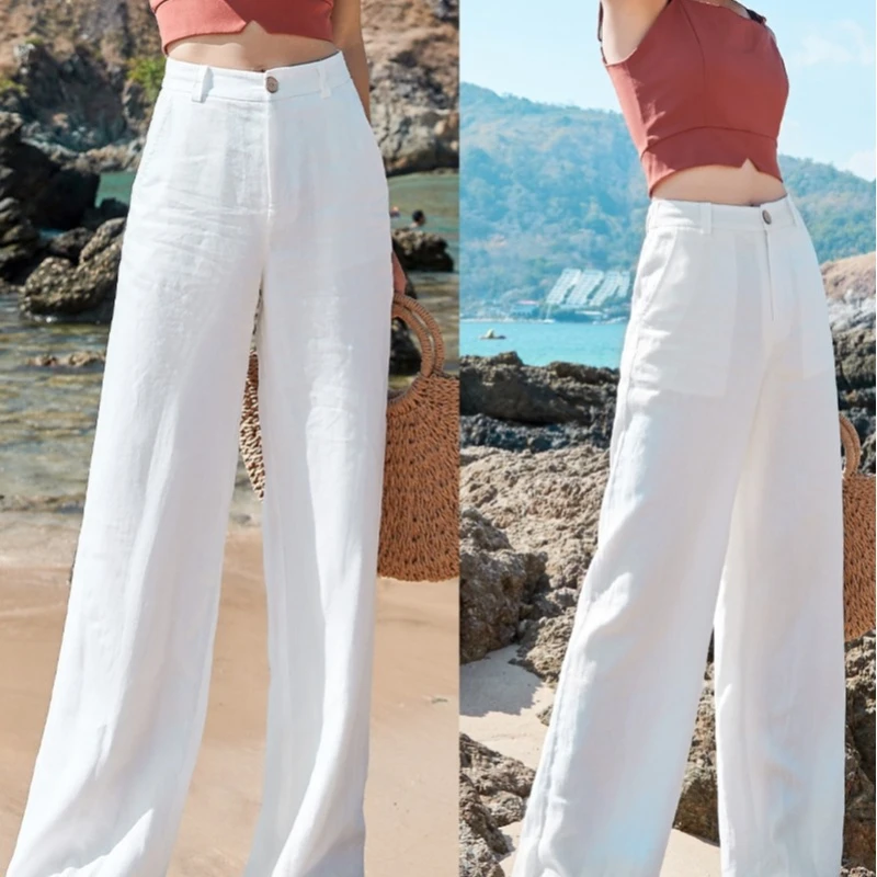 

Women's Pants Summer Cotton Linen Wide Leg Pants Full Length Casual Solid White Loose High Waist Straight Trousers Women