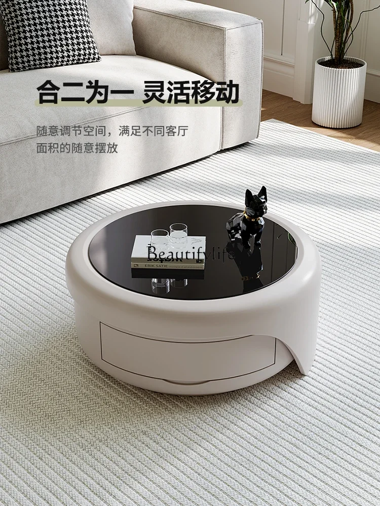 Круглый журнальный столик современный простой из закаленного стекла кремовый