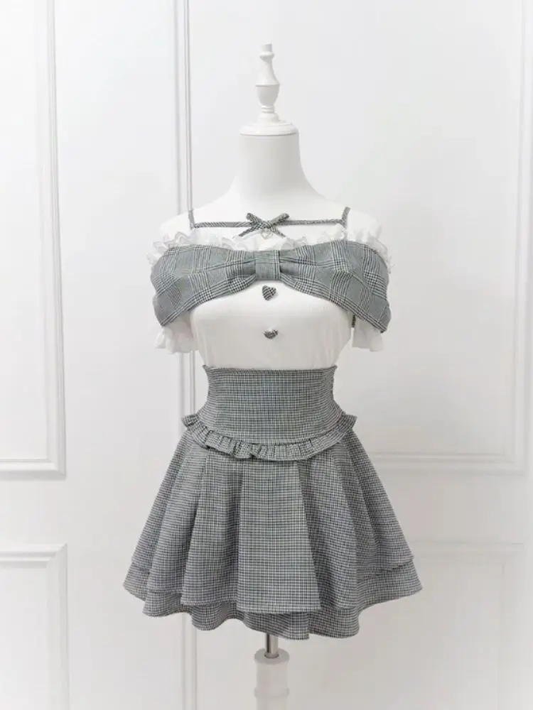 Фото Платье женское 2026 Ryousangata Dark Sweet в клетку с открытыми плечами, кружевом, бантом, оборками, завышенной талией, пуговицами-сердечками, в стиле J-fashion, милое повседневное платье №5