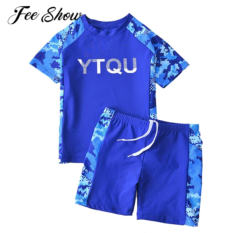 Kids Girls Boys Two Piece Swimsuit Rashguard Sets Short Sleeve Camouflage Stars Print Top Shorts Set Swimming Beachwear Swimwear