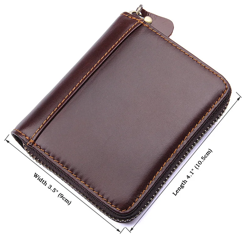 Fashion Women and Men Zipper Credit Card Holder Oil Wax Genuine Leather RFID Cards Zip Pouch Key Coin Small Change Card Bag