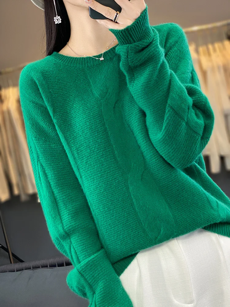 Осенне-зимний женский свитер из 100% мериносовой шерсти пуловер с круглым вырезом