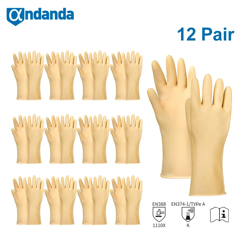 

Andanda 12Pair Work Glove,ProChem Natural Rubber Glove for Washing Dishes Housework Washing Clothes Washing Car Waterproof Glov