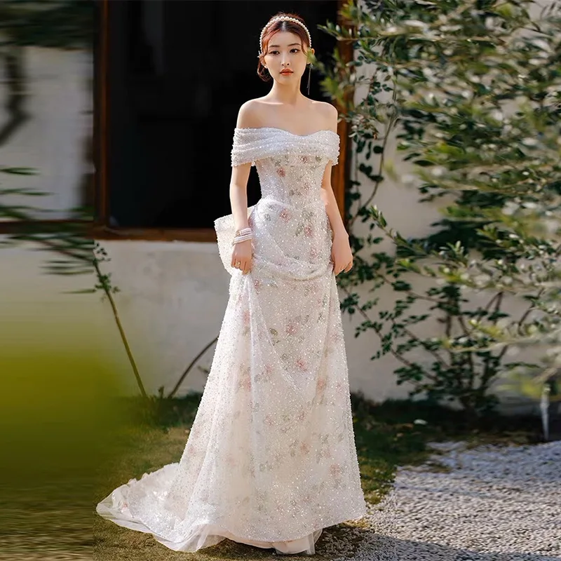 

Fashion Wedding Dress Off The Shoulder Sweet Exquisite Beading Prom Gown Noble Elegant With A Big Bow Shining Vestidos De Noche