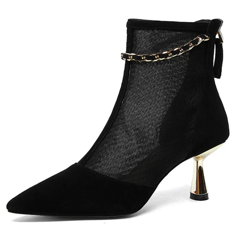 

Luxury Sexy Chain High Heels Ankle Boots Women Pointy Toe Fashion Week Boots Winter Real Suede Leather Slim Chelsea Ankle Boots