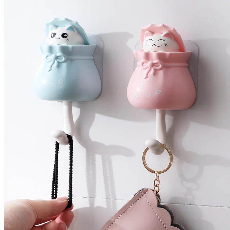 Creative Bag Cute Cat Hook Strong Adhesive Free Punching Cute Porch Key Hook after the Door to Hang Clothes