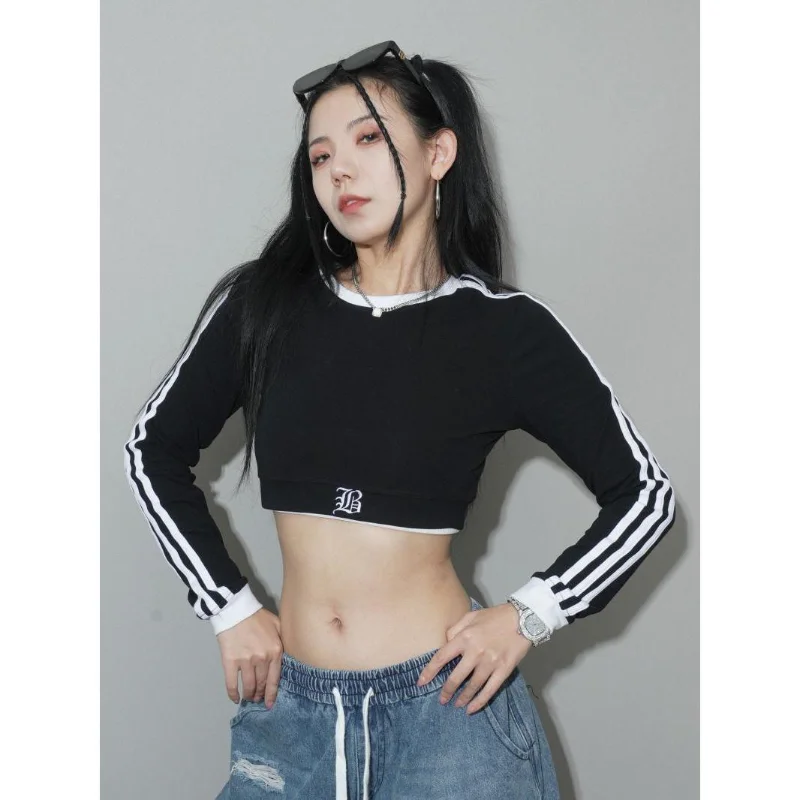 

Hikigawa Chic Fashion Women Y2k Long Sleeve T-Shirt Jazz Sports Cropped Striped Contrast Color Slim Streetwear Casual Top Mujer