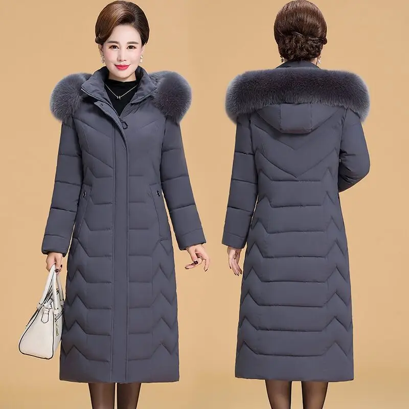 2022 Winter Women's Fashion Long Cotton-padded Jackets Female Middle-aged Padded Coats Ladies Fur Collar Hooded Overcoats O20