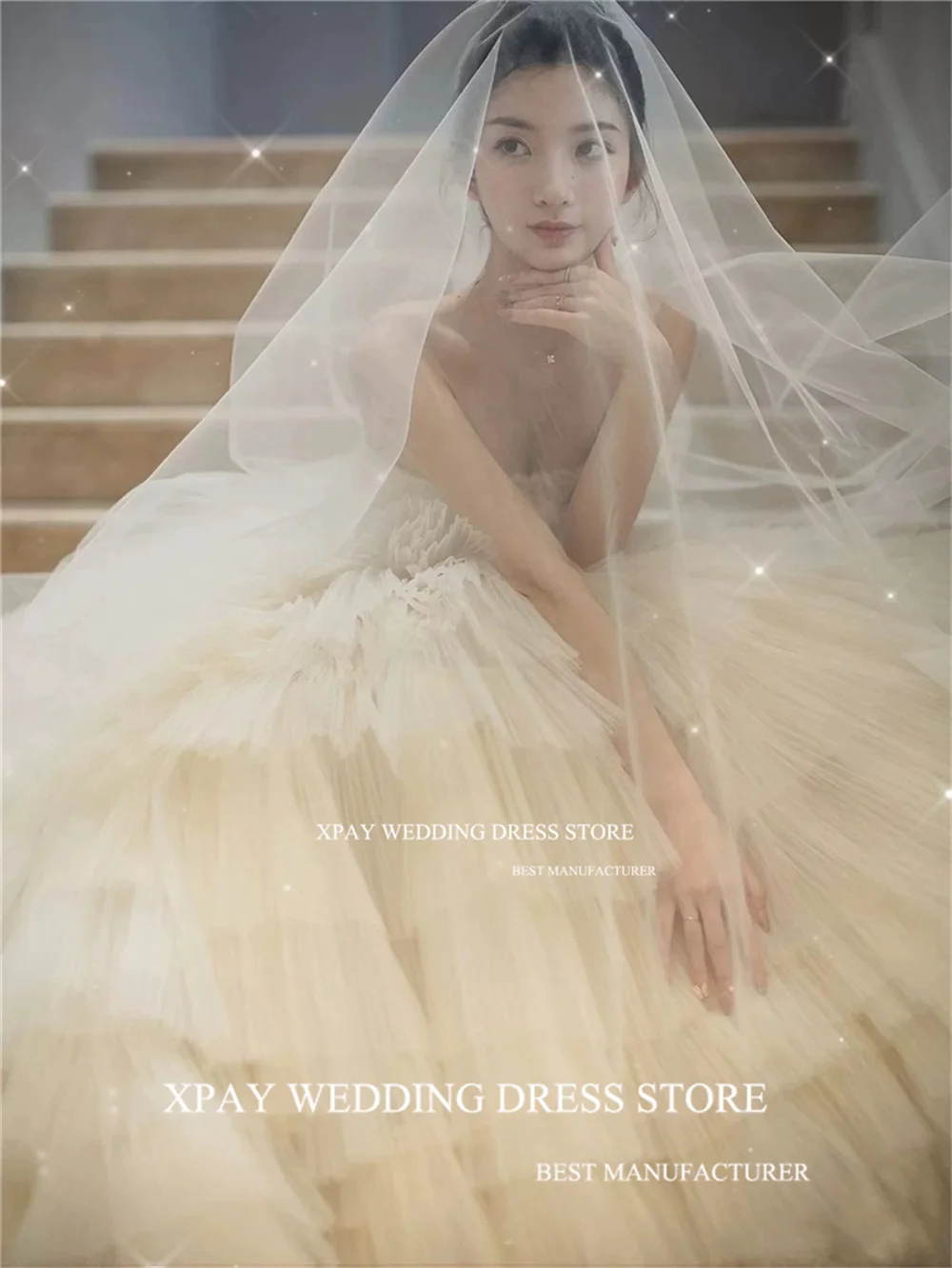 XPAY элегантное корейское бальное платье без бретелек рукавов многоярусные