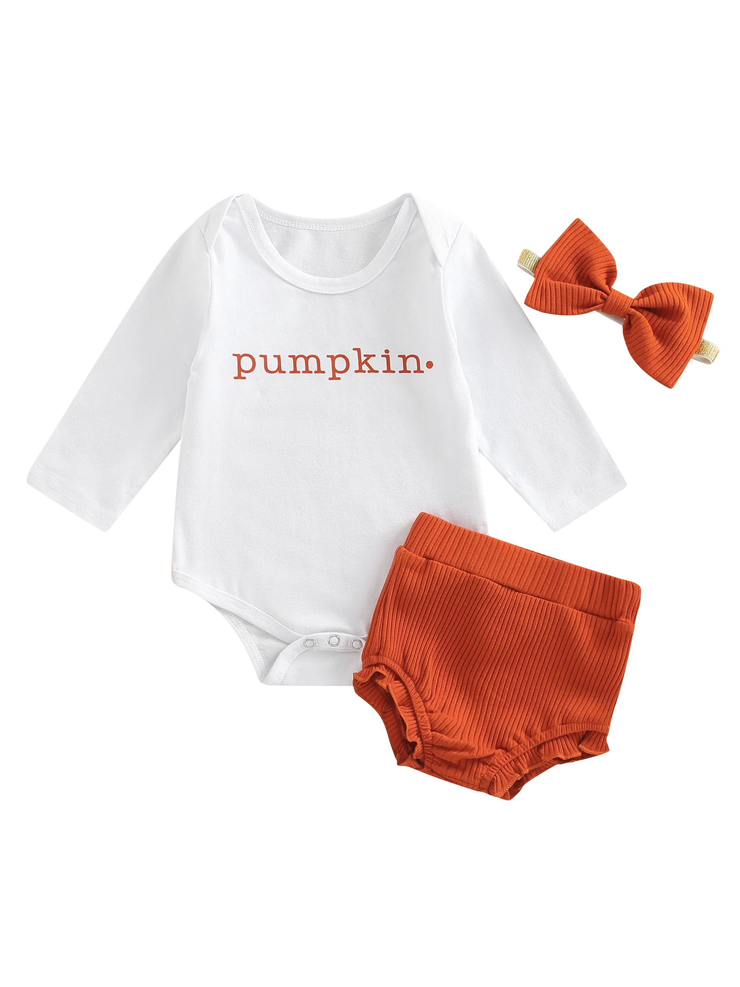 

Newborn Baby Girl Halloween Outfit Long Sleeve Letter Printed Romper Ruffles Short Pants Headband Set Halloween Clothes