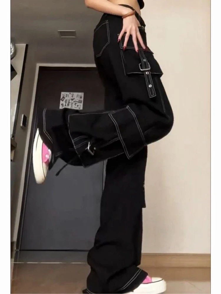 American Retro Black Cargo Pants Female 2023 Summer High Street Loose Thin Casual Wide -Leg Jeans Women'S Clothing