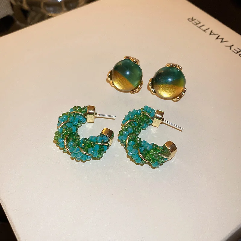 

Minar Vintage 2 Styles C Shape Hoop Earrings for Women Gradient Green Color Crystal Twist Statement Earring Korean Party Jewelry