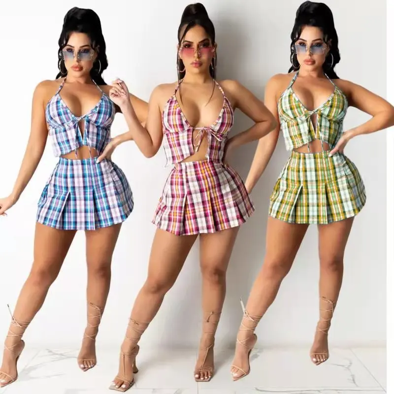

Women Outfits Summer Lattice Two Piece Set Women Short Suspenders Crop Top And High Waist Mini Skirt Fashion Matching Suit