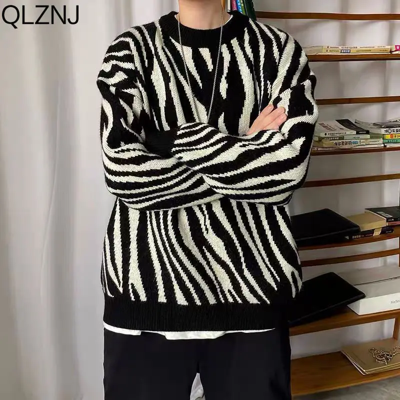 Zebra Striped Sweater Men Autumn New Harajuku Vintage Sweater Y2K Streetwear Loose Fashion Pullover Hip Hop Women Knitted Jumper