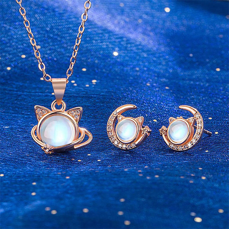 

Cute Moonstone Cat Pendant Necklace For Women Jewelry Rose Gold Choker Elegant Lady Silver 925 Clavicle Chain Necklace For Girls