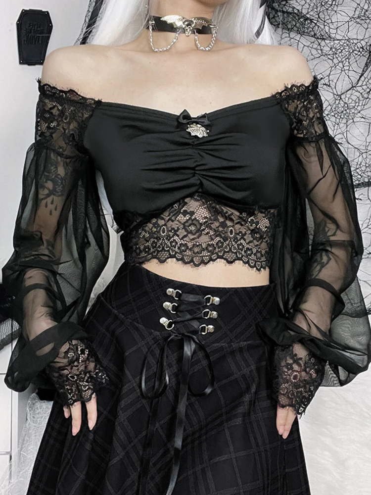 

Goth Black Mesh Lace Trim T-Shirts Y2K Vintage Sexy V Neck Lantern Long Sleeve Off Shoulder Backless Crop Tops for Women Party