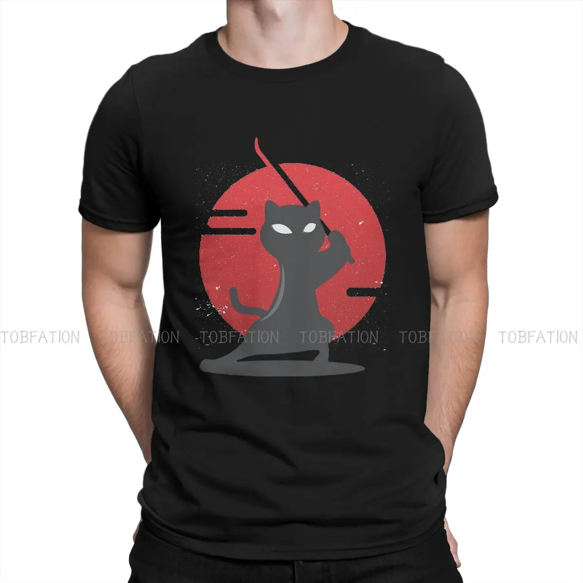 

Red Moon And Black Fashion TShirts Samurai Cat Ninja Japanese Men Style Fabric Streetwear T Shirt O Neck