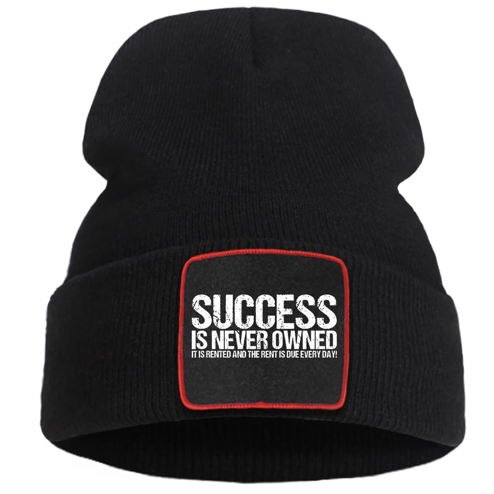 

Balaclava Success Is Never Owned Letters Beanie Hat For Women Cartoon Punk Streetwear Cotton Winter Men'S Knitted Caps