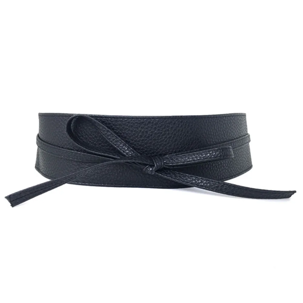

1PC Fashion Spring Autumn Women Lady Fashion Metallic Color Soft Faux Leather Wide Belt Self Tie Wrap Waist Mujer Dress