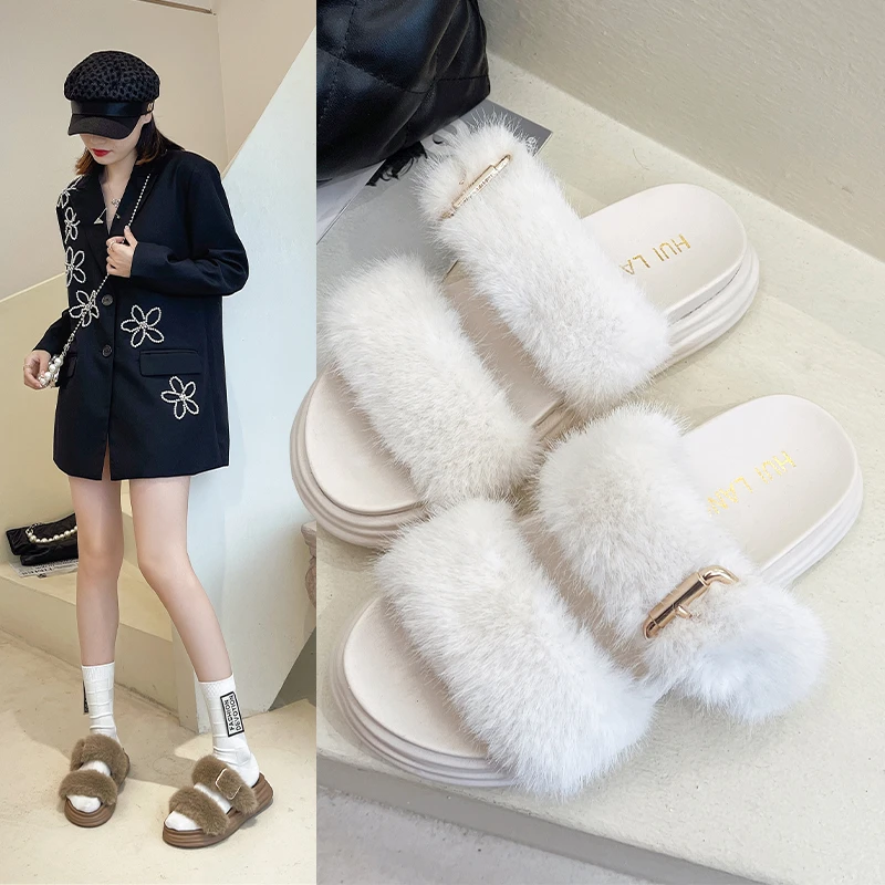 

Pink Solid Fur Slippers Open Toe Fluffy Flat Shoes Women Black Fashion Thich Bottom Sliders Furry Casual Footwear