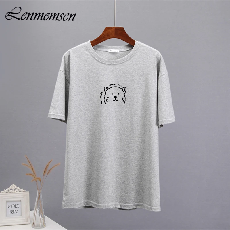 

Lenmemsen Korean Loose Basic T-shirts Women Summer Soft O-neck Cat Graphic Tees Casual Chic Cotton Short Sleeve Female Pullover