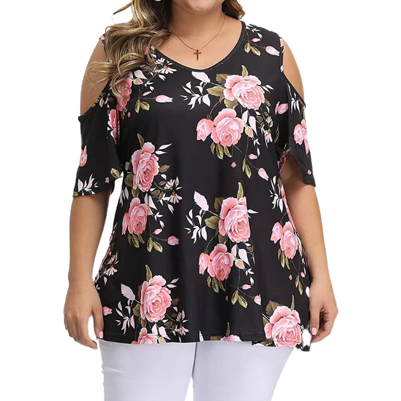 Womens Plus Size Tops 2022 Summer Sexy Off Shoulder Top Casual Short Sleeve Floral T Shirt Women Large Size 3XL 4XL 5XL Top