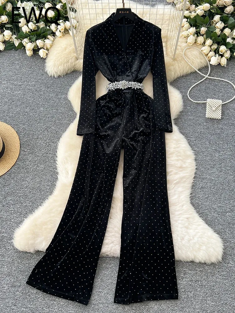 EWQ черный офисный женский комбинезон с бисером и V-образным вырезом бриллиантами