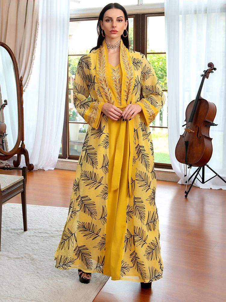 

Dubai Morocco Abaya Dress Set for Women Muslim Party Evening Robe Luruxy Sequined Flower Embroidery 2 Pieces Outfit Eid 2022 New