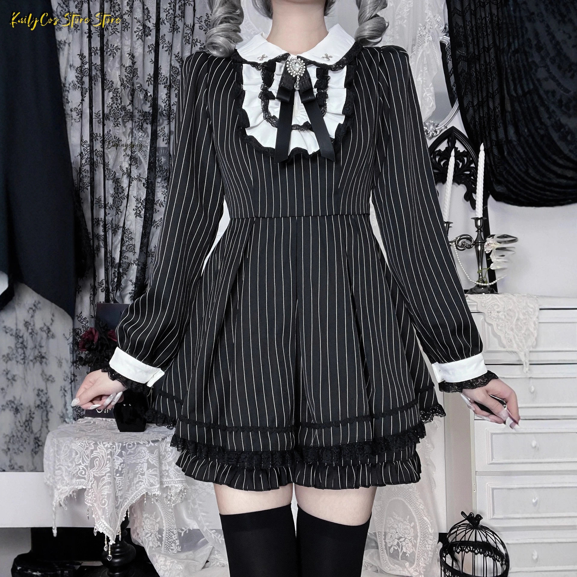 Фото Новый японский полосатый наряд горничной Jirai Kei Lolita, комплект платья с длинными рукавами, кружево с рюшами + фартук + пояс |   Аниме-стиль горничной №5