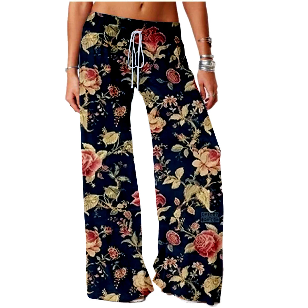 Summer 2022 Women Vintage Floral 3D Printing Wide Leg Pants Women Baggy Sweatpants Joggers Bottoms Casual Streetwear Trousers