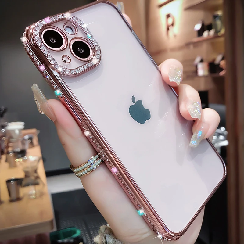 

Luxury Plating Glitter Diamond Transparent Case for iPhone 13 11 12 14 Pro Max Plus Girl Female Soft Silicone Shockproof Cover