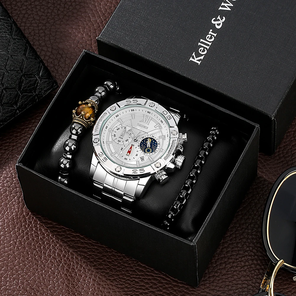 Reloj de pulsera de cuarzo con calendario de acero para hombre, conjunto de regalo creativo, regalos únicos