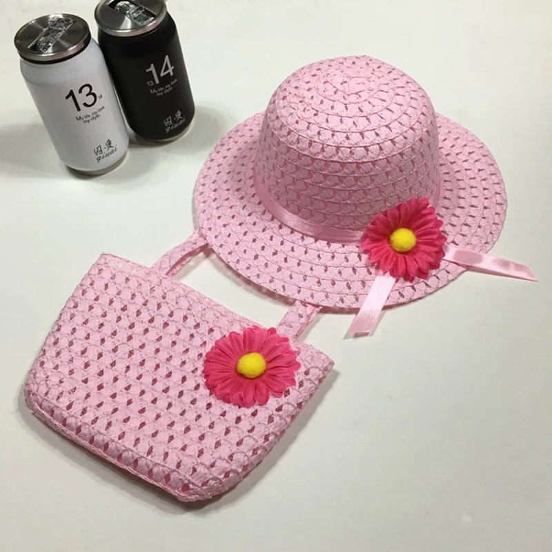

Beach Hats Set Wide Brim Straw Wide Hat Children's Holiday Travel Bags Tea Party Straw Sun Hat and Purse